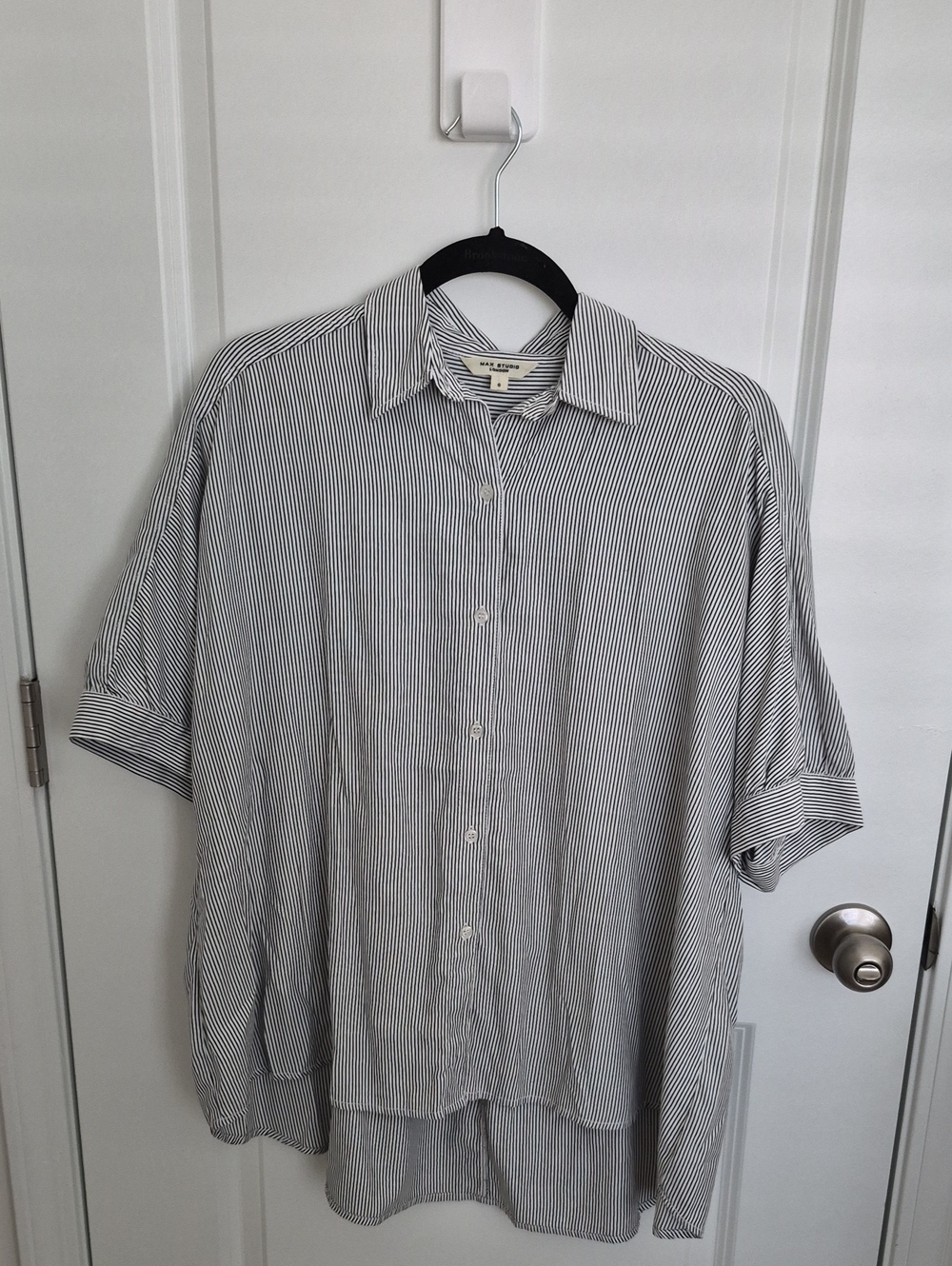 Women Max Studio Short-Sleeve Striped Button-Down Tunic in Black/White
